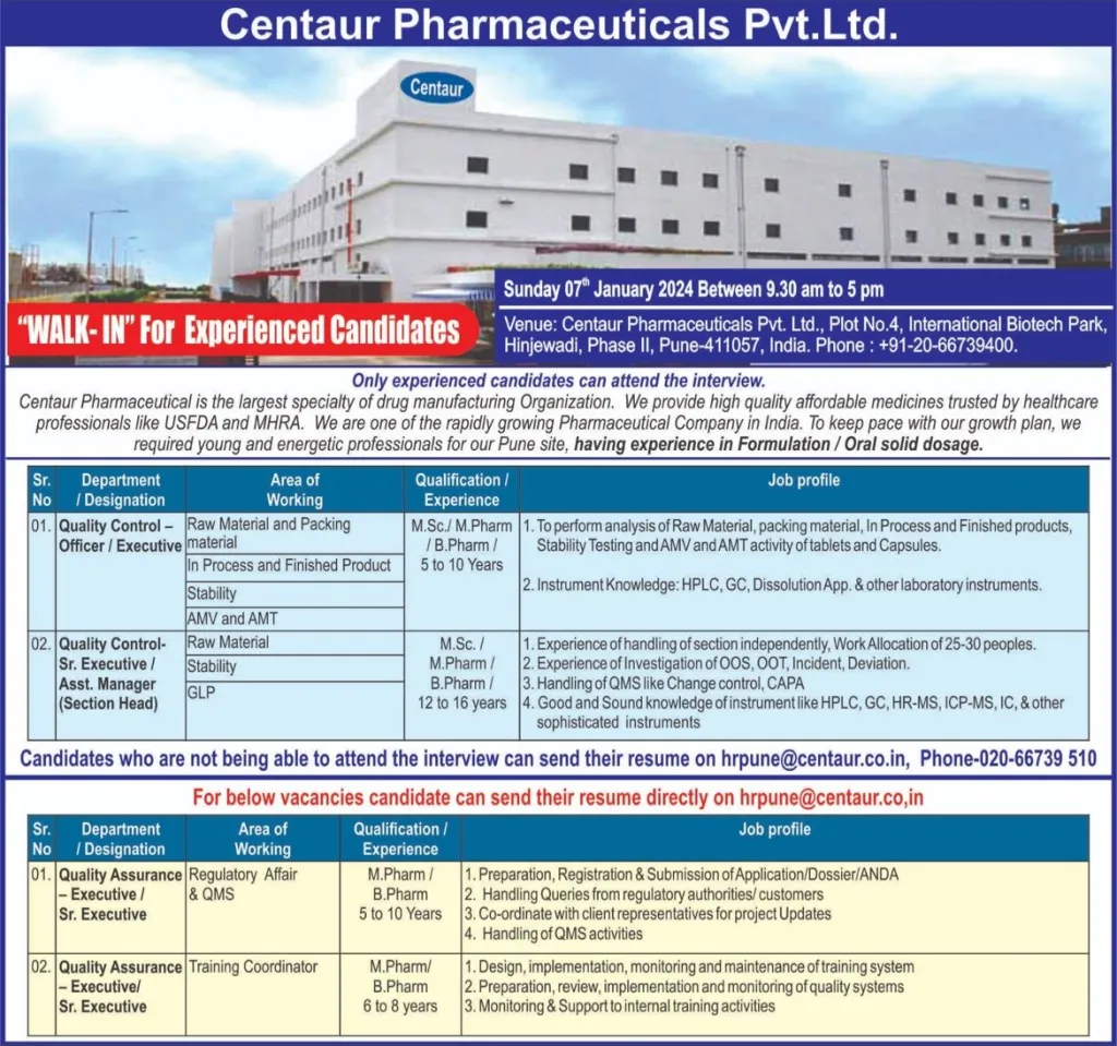 Centaur Pharmaceuticals - Walk-Ins for Multiple Positionson 7th Jan 2024